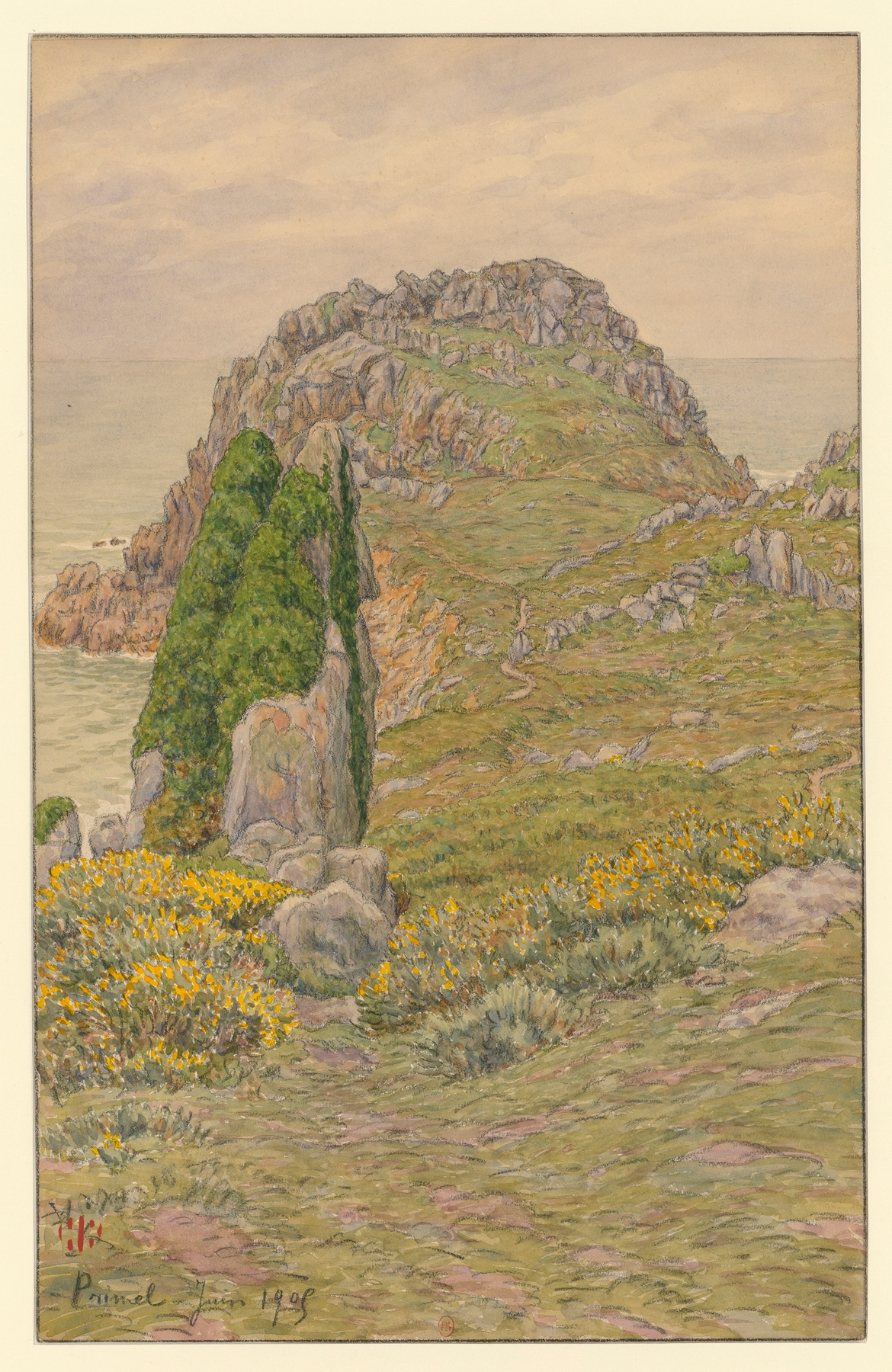 Lithograph by Henri Rivière showing a landscape with textured stones in muted colors.