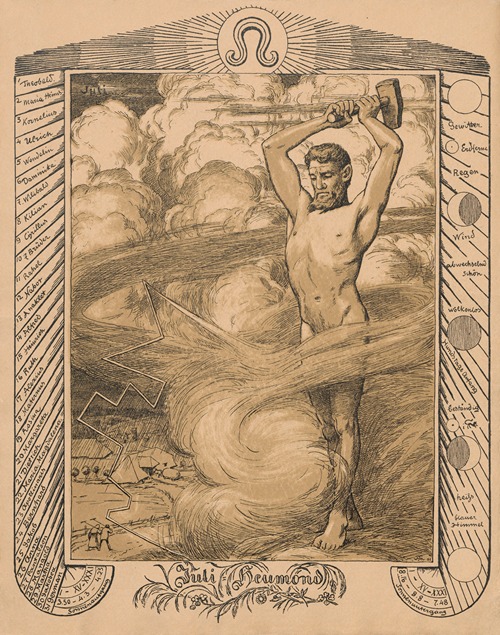 An allegorical figure representing July surrounded by lush greenery and vibrant flowers.