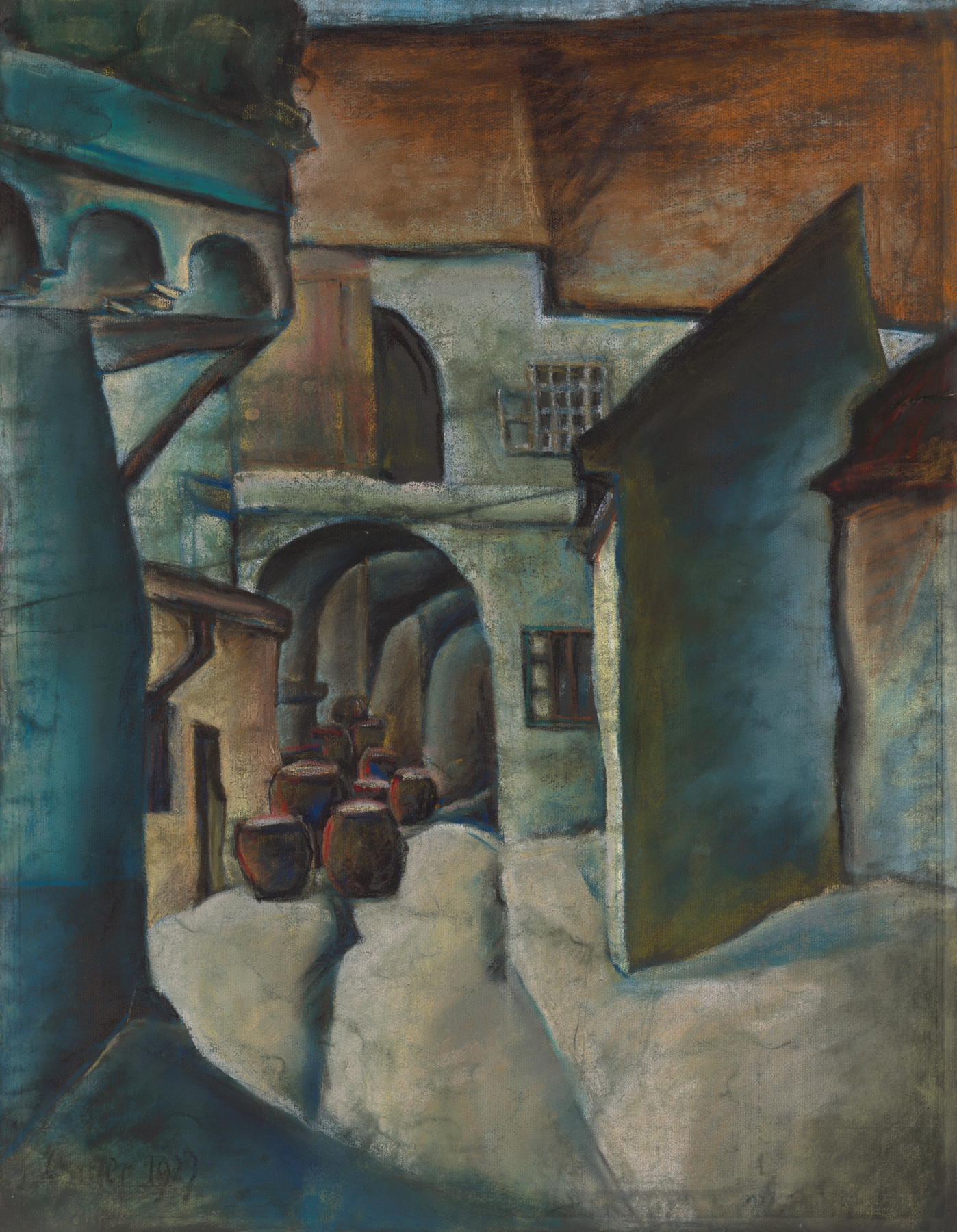 Post-Impressionism genre scene by Konštantín Bauer, depicting a rustic courtyard with light and greenery.
