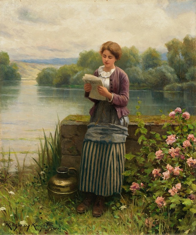 A scene depicting a woman reading a letter in a serene setting.