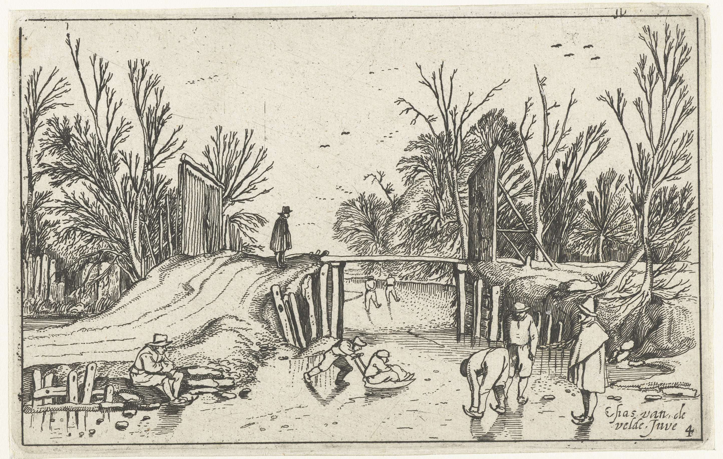 Schaatsers voor een houten brug, etching by Unknown Artist depicting skaters on ice