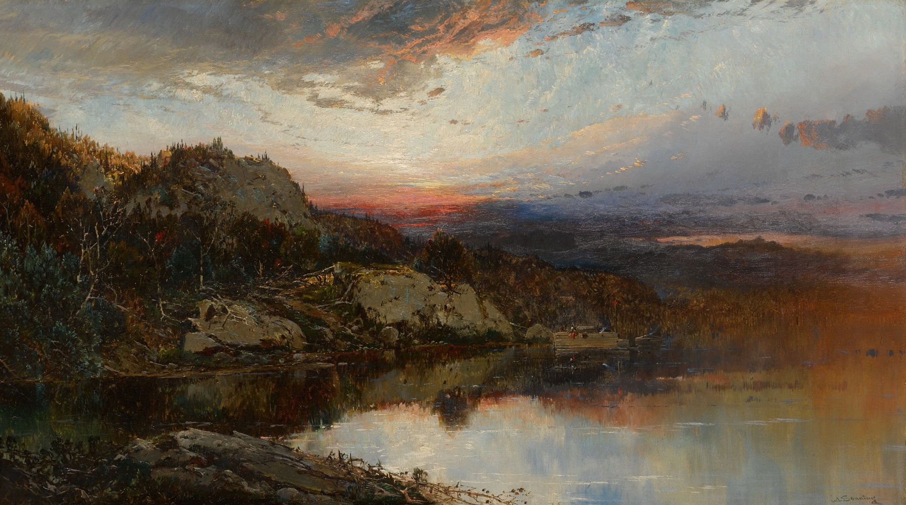 Landscape with Sunset by William Louis Sonntag, oil painting depicting a vibrant sunset over waves.