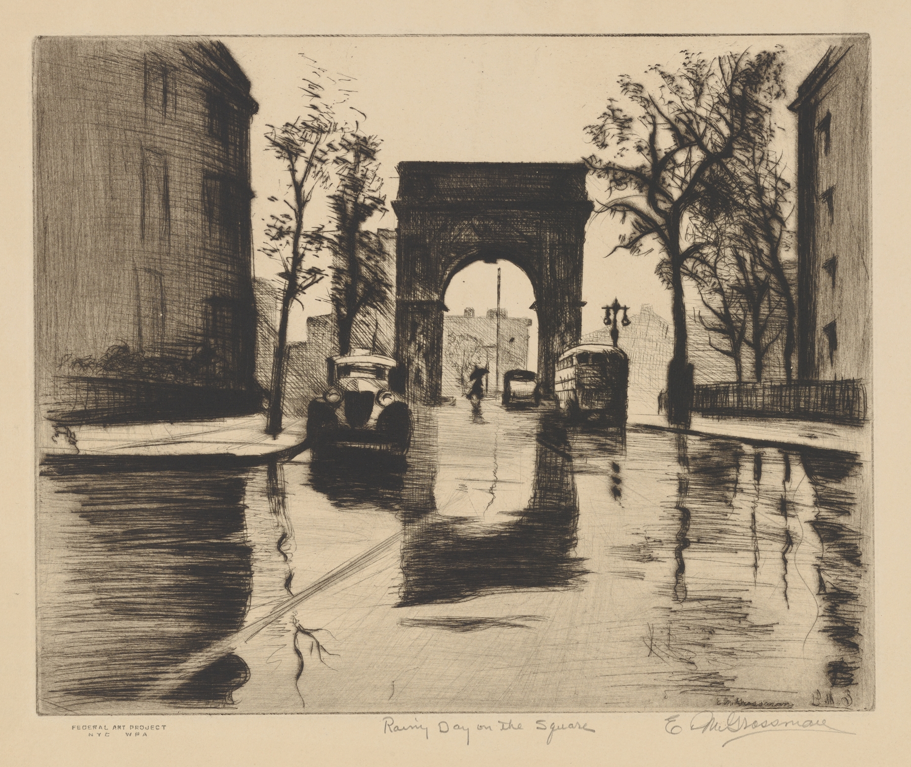 Rainy Day on the Square, oil on canvas by Elias Grossman, depicting a lively square with reflections on wet cobblestones.