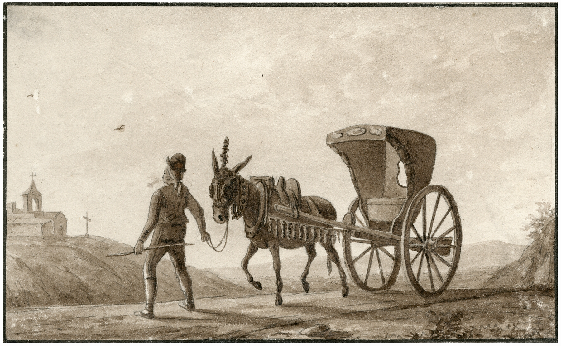 Genre scene depicting a Spanish cart drawn by a donkey, by Otto Howen