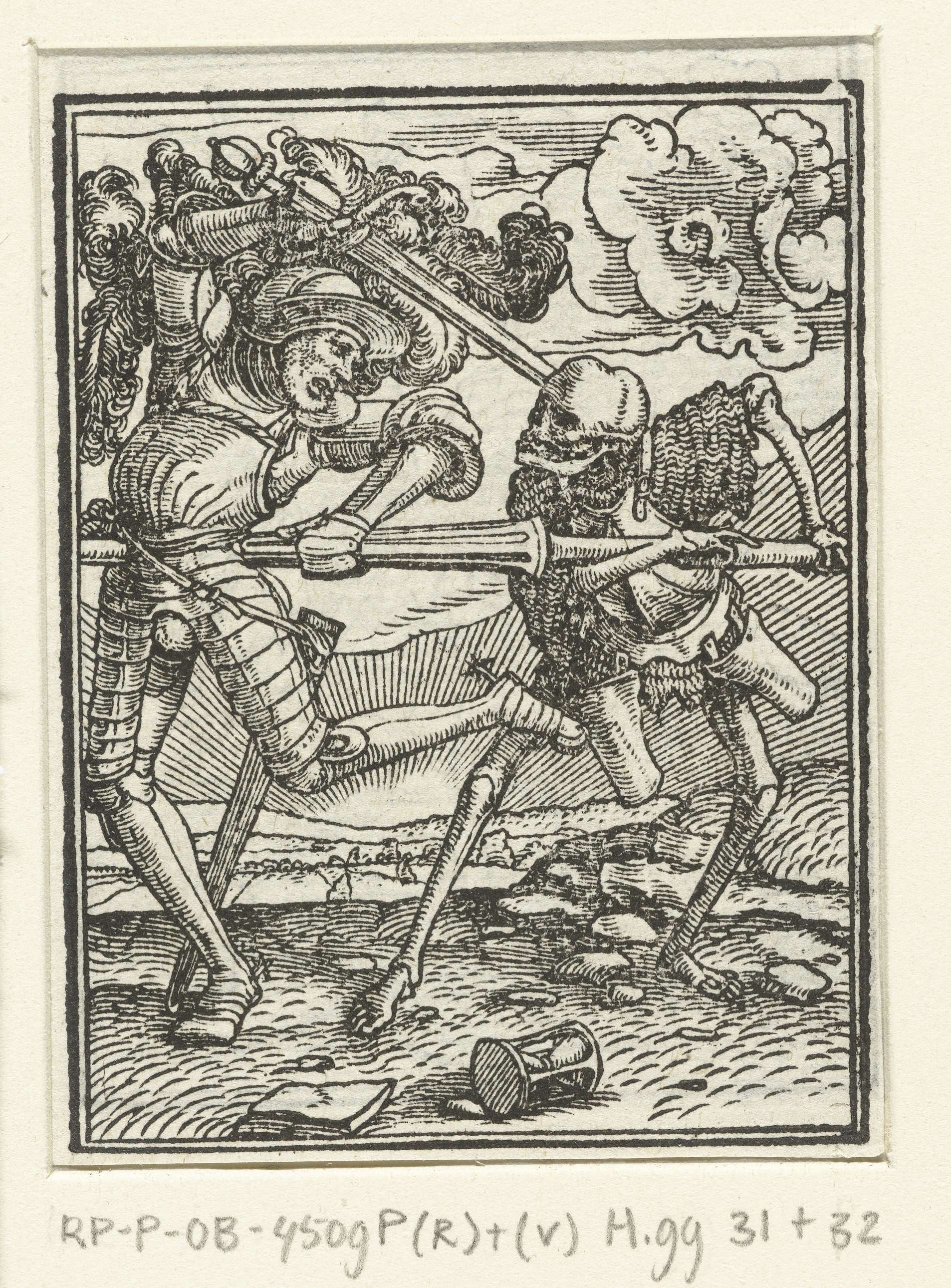 Ridder en de Dood by Hans Holbein, etching on paper showing a knight confronting Death.