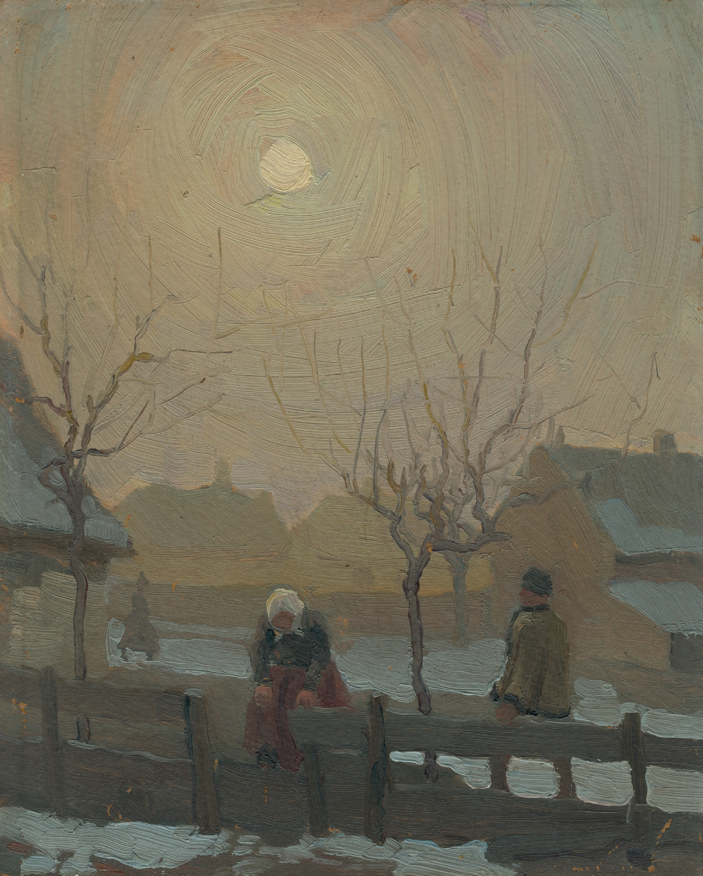 Winter landscape oil painting by Jozef Teodor Mousson featuring a village in snow.