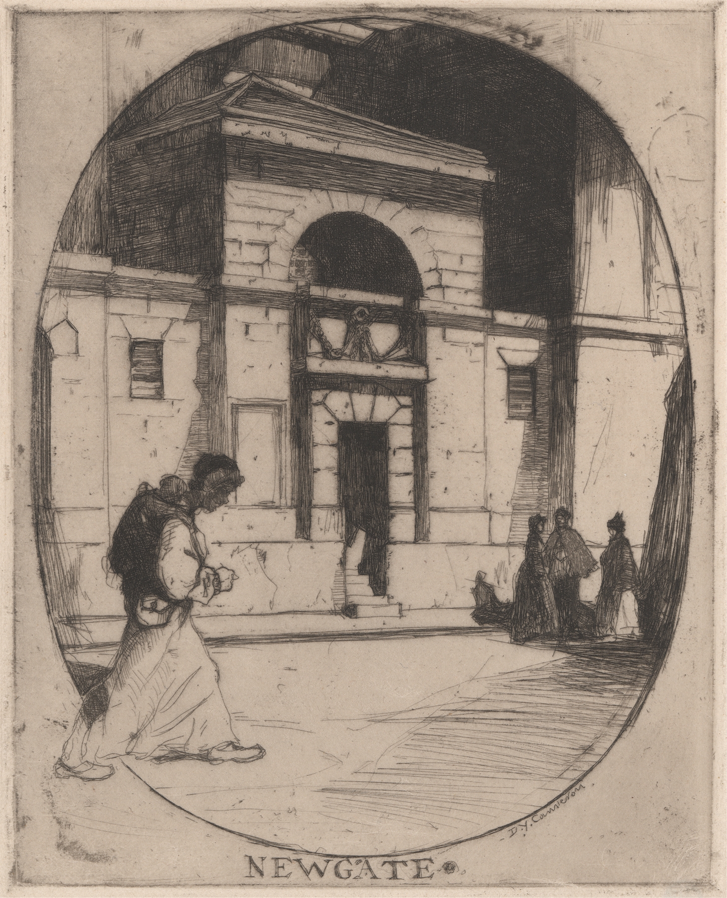 Etching by David Young Cameron depicting Newgate prison with shadows and light.