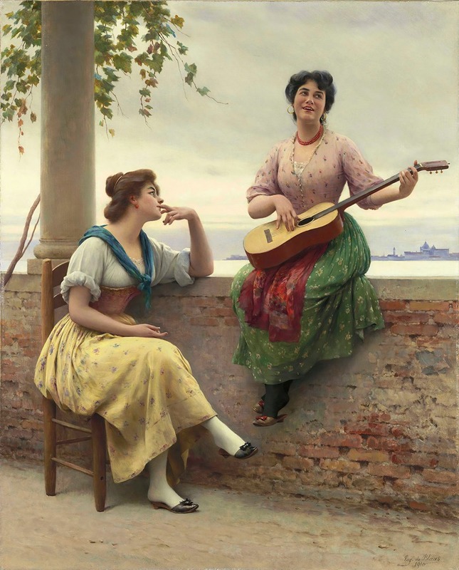 Eugen von Blaas' 'Venetian Melody' captures a lively scene in Venice.