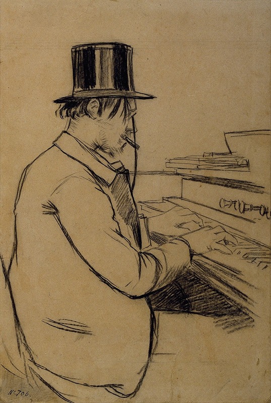 A portrait of Erik Satie playing the harmonium by Santiago Rusiñol.