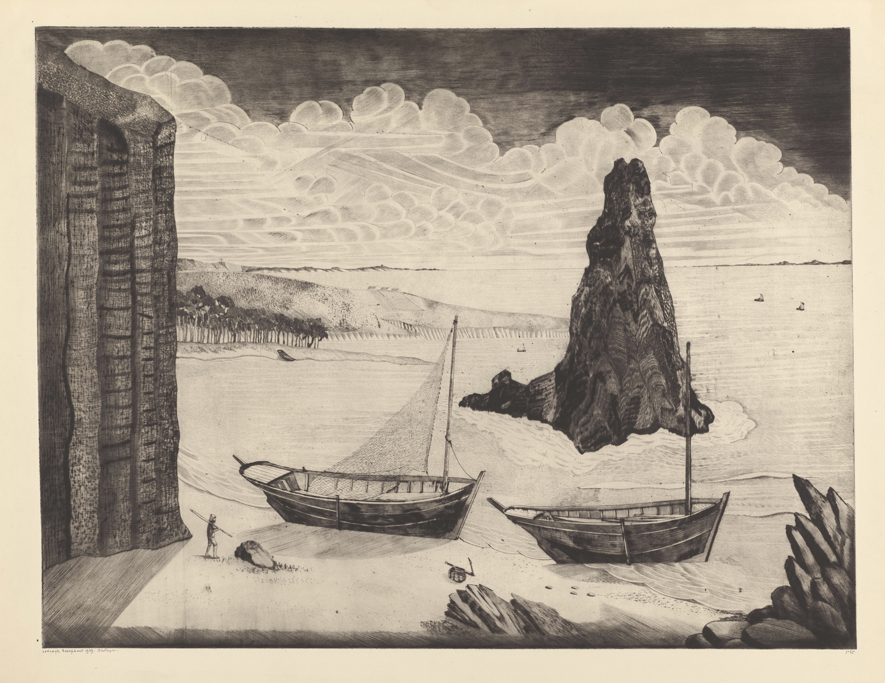 Two anchored ships on a beach, oil on canvas by Lodewijk Schelfhout