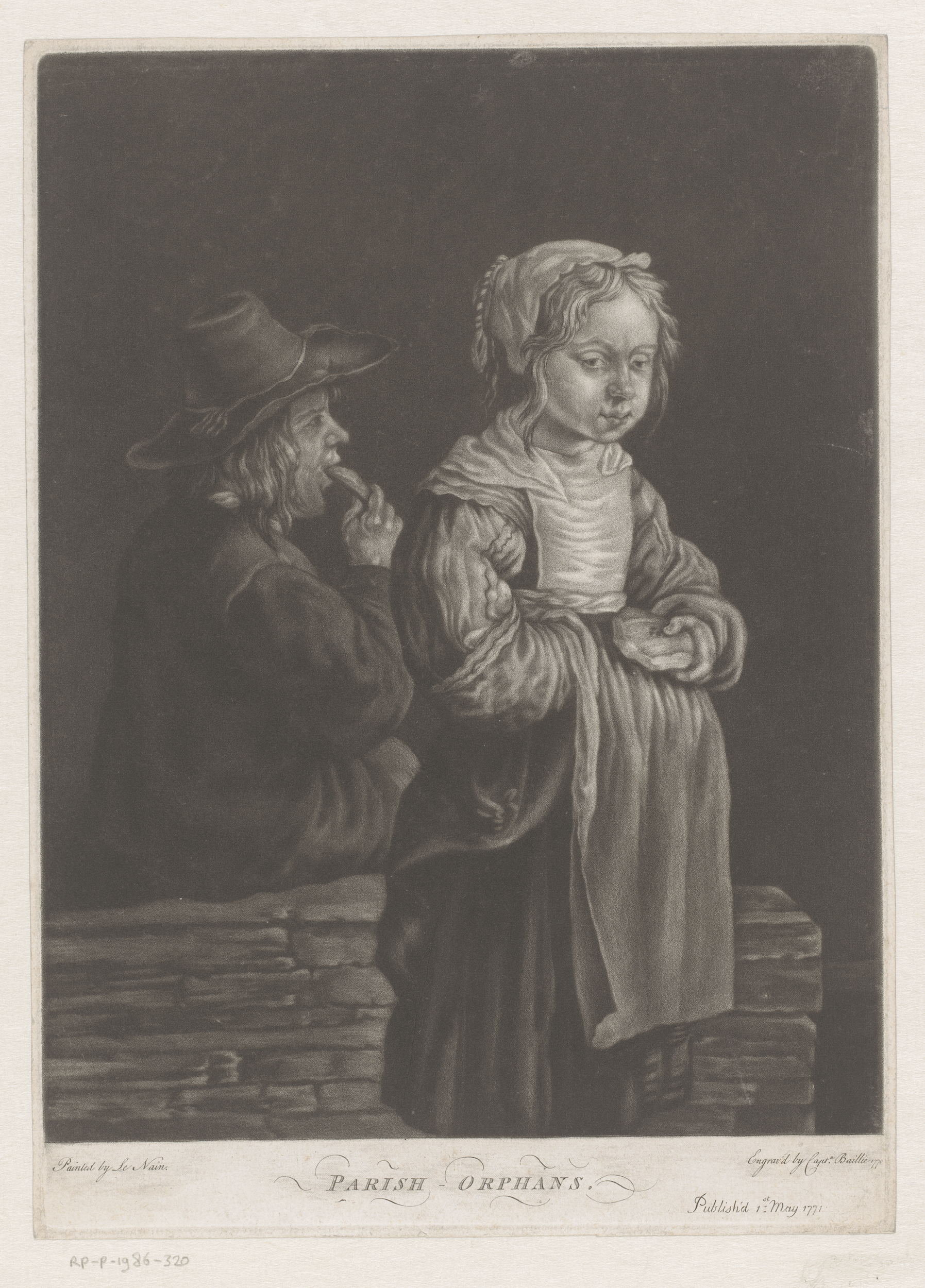 Figurative drawing of two children holding bread, paper, by William Baillie