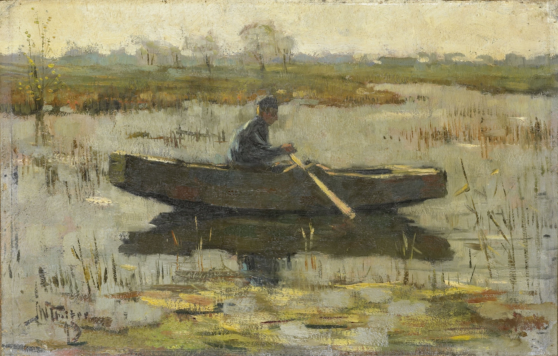 Oil painting by Herman Wolbers depicting a man in a boat on calm water