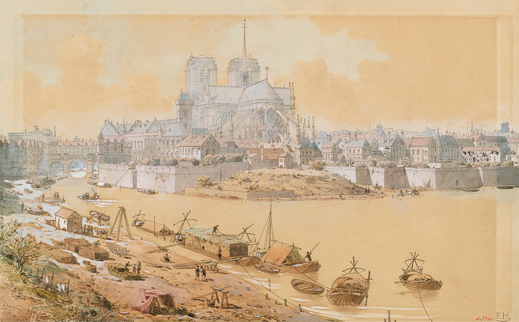 Oil painting by Fédor Hoffbauer depicting Notre-Dame cathedral's façade in golden light.