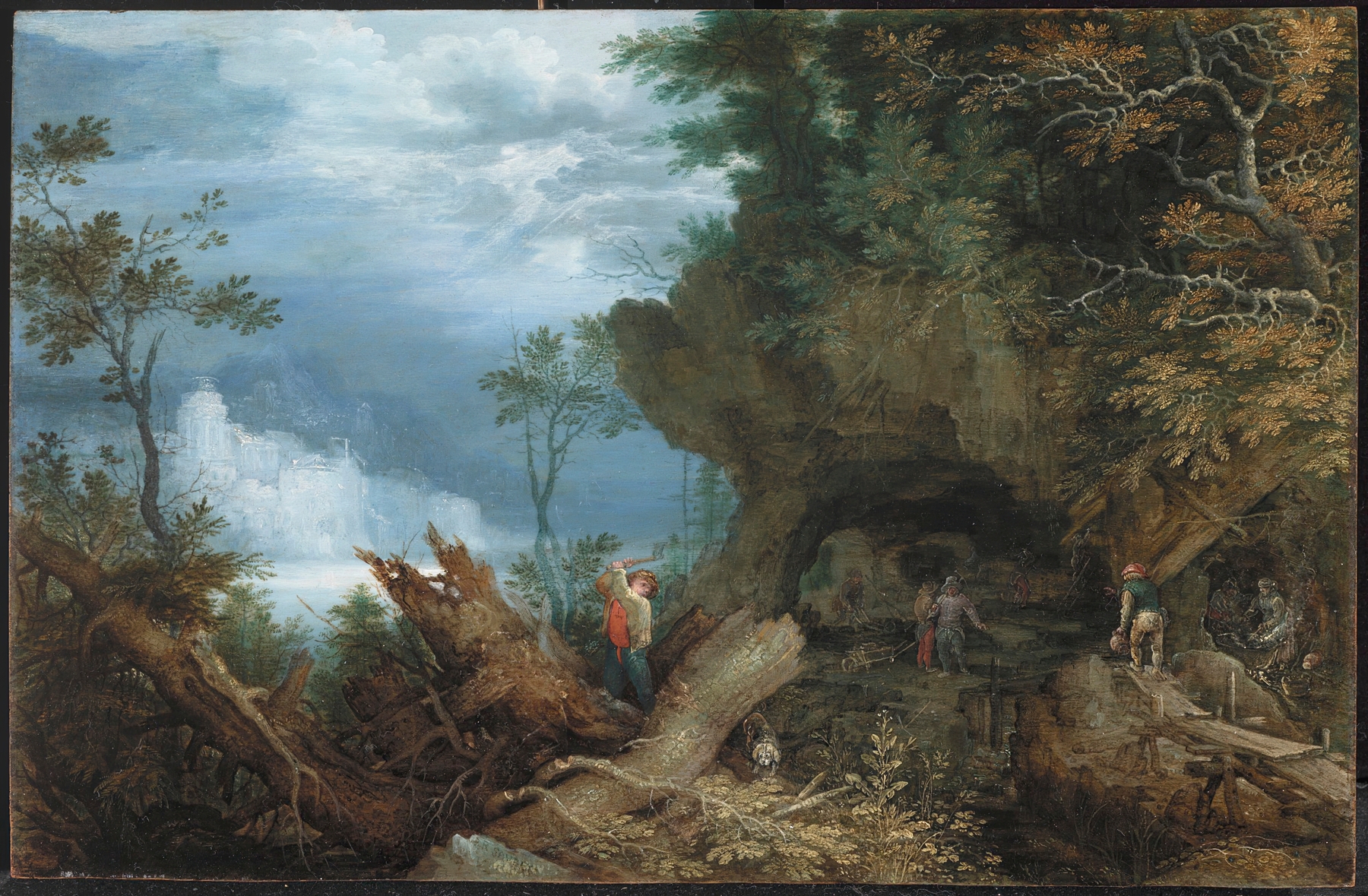 Mountainous landscape with a mine entrance, oil painting by Roelant Savery