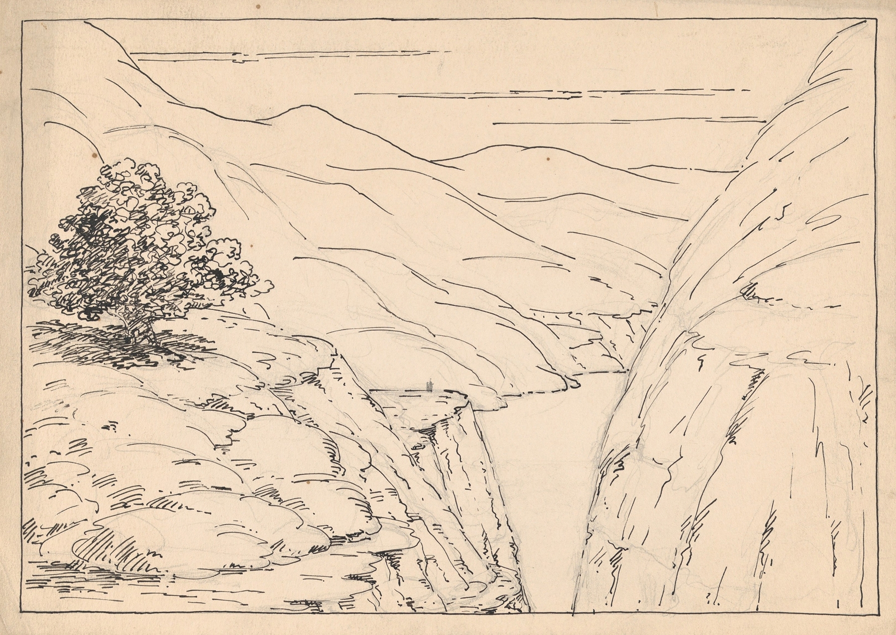 A river landscape with steep cliffs, oil on canvas by Herbert Crowley