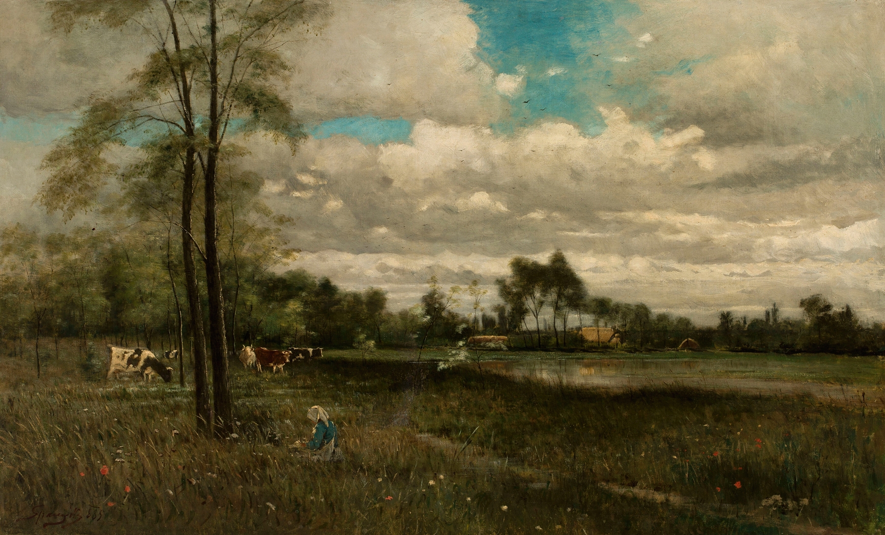 Meadow with Grazing Cattle, oil on canvas by Bela Spanyi, depicting cattle in a sunlit meadow.
