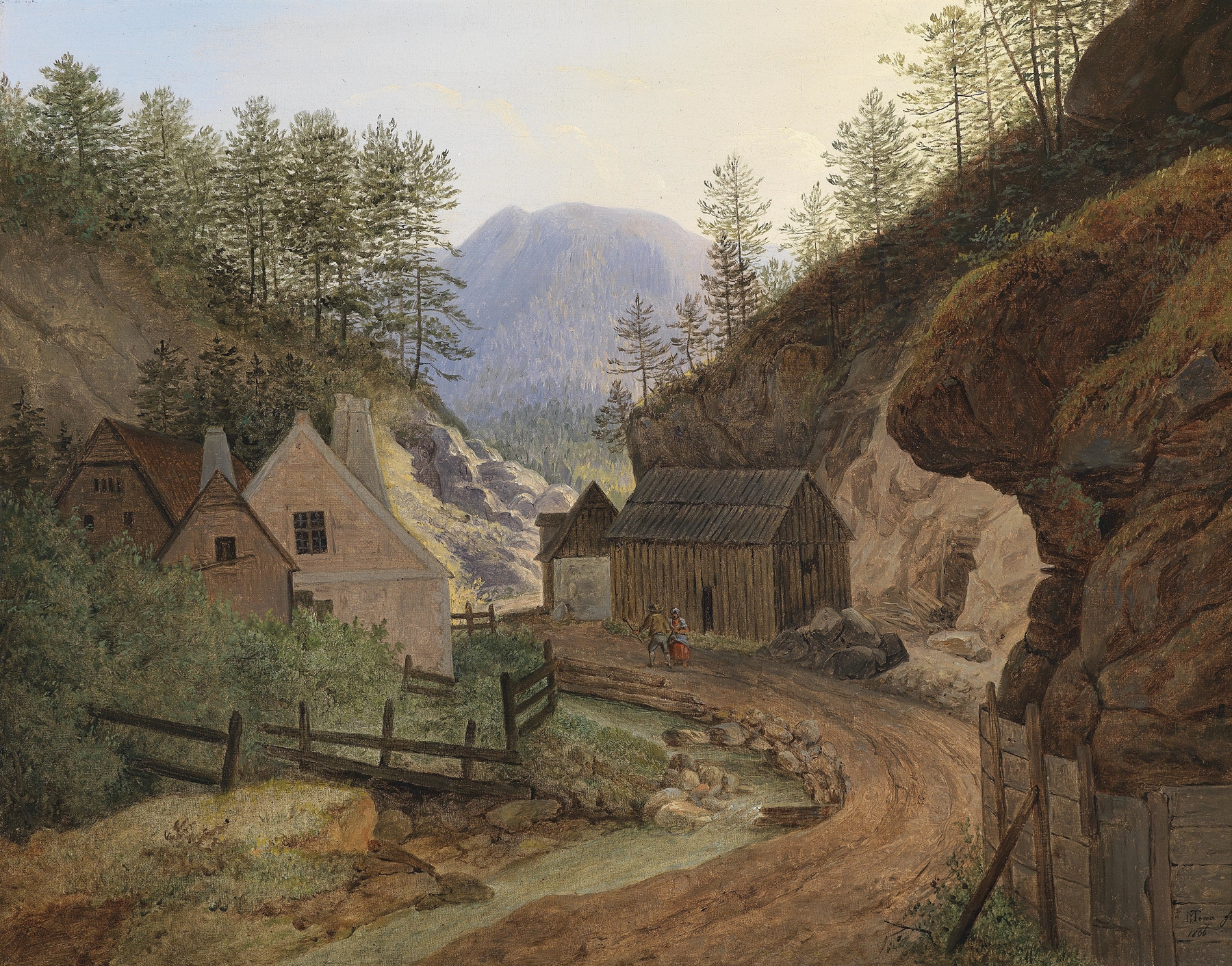 Landscape of Mühle bei Schottwien by Matthias Rudolf Toma, oil painting depicting a mill and river at sunset.