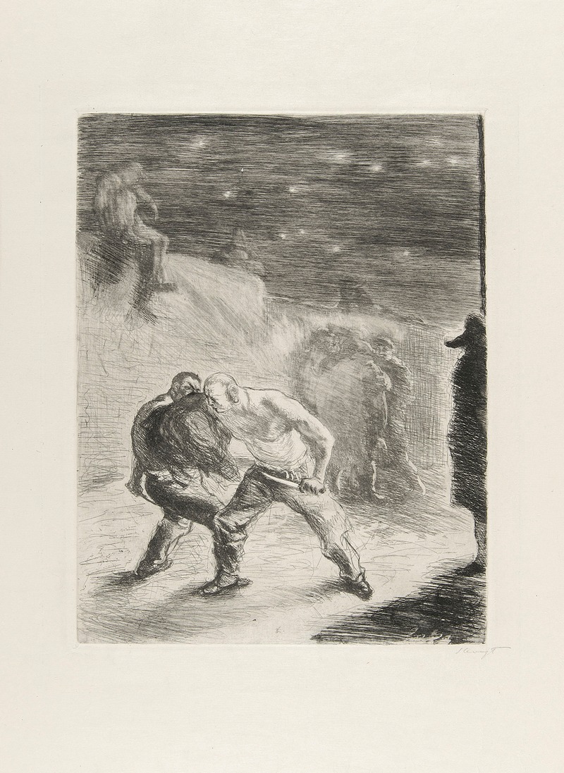 A striking depiction of a duel between two figures in a dynamic setting.