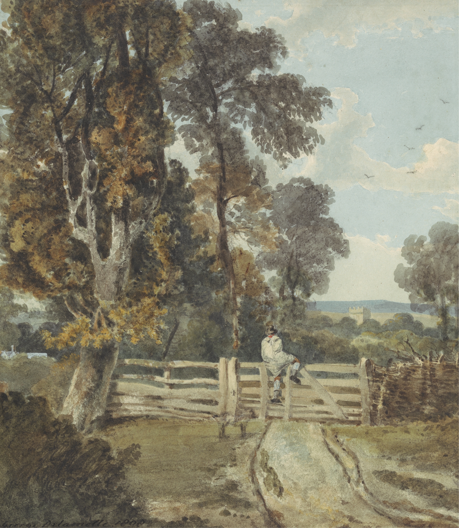A Country Lane with a Farm Labourer Climbing a Five-bar Gate, watercolor on paper by George Delamotte