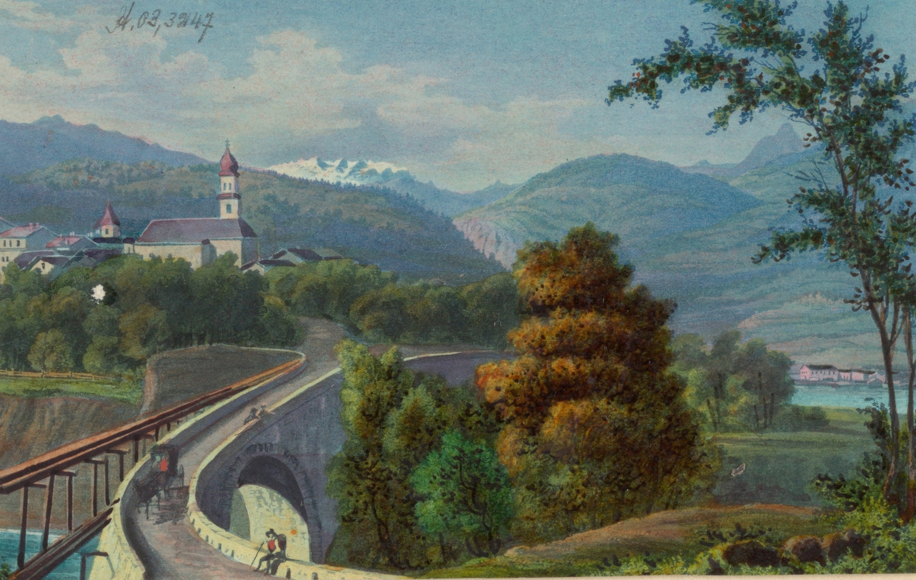 Oil painting by Johann Jakob Meyer depicting a valley with vibrant colors.