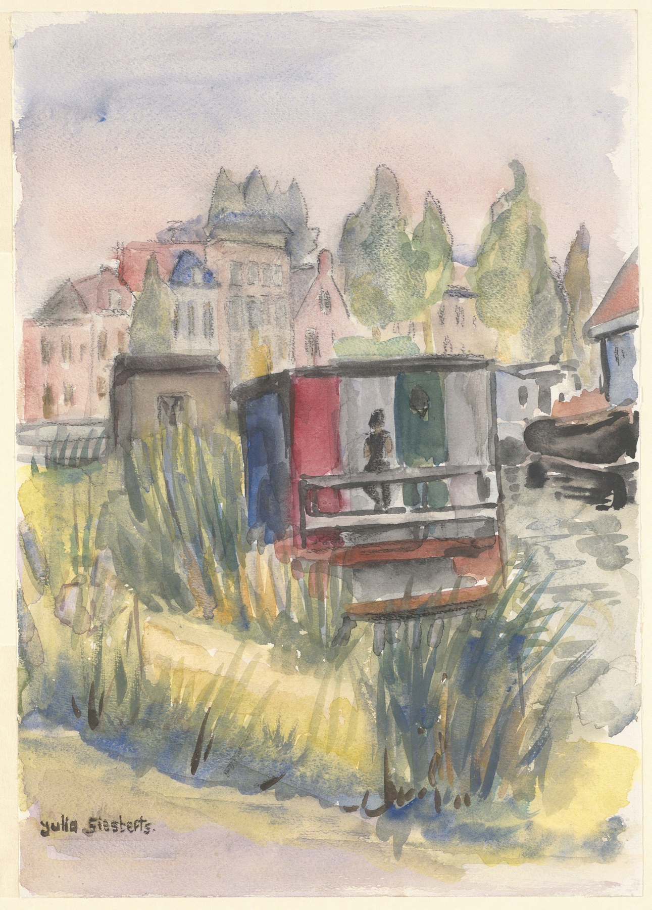 Landscape depicting a woonark and houses by Julia Giesberts, oil painting