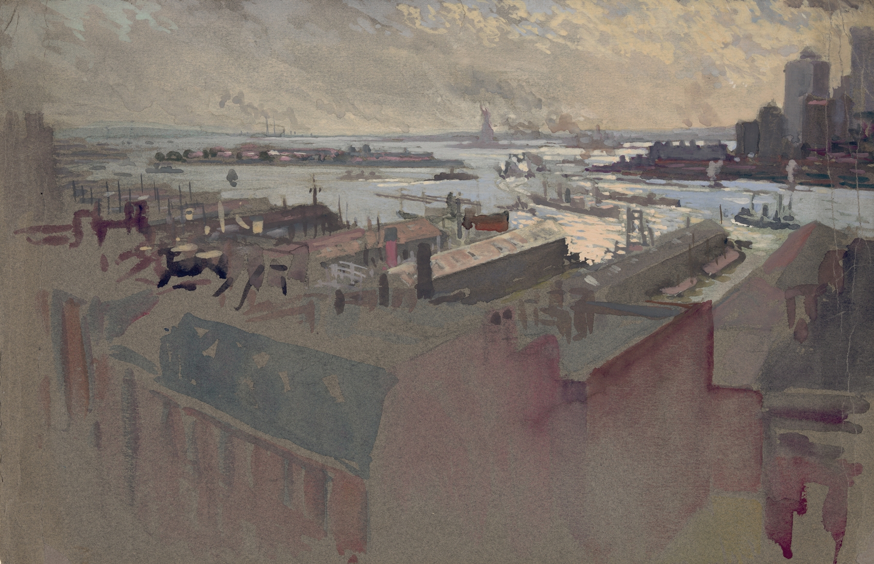 Marine scene of New York Bay by Joseph Pennell, 1922, showcasing water and skyline.