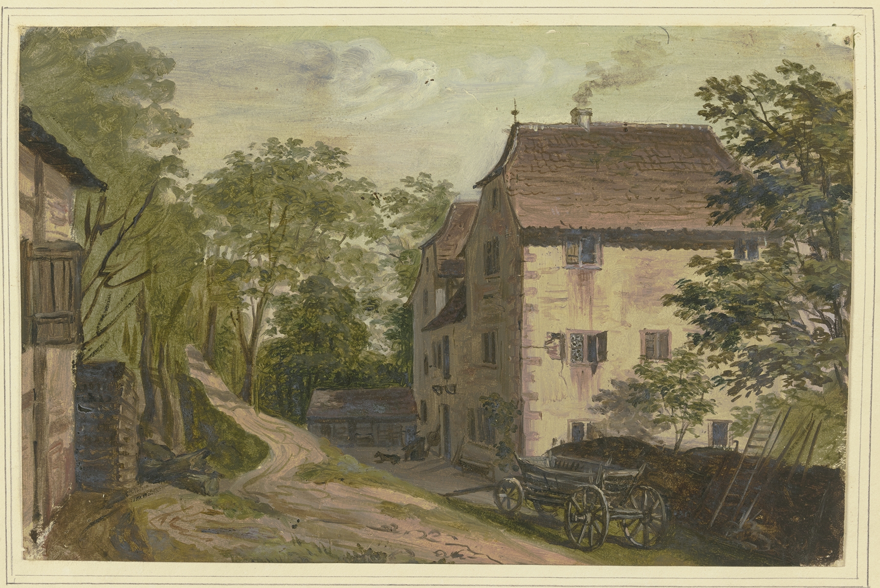 Manor house with dark windows and a carriage in front, oil painting by Friedrich Mosbrugger