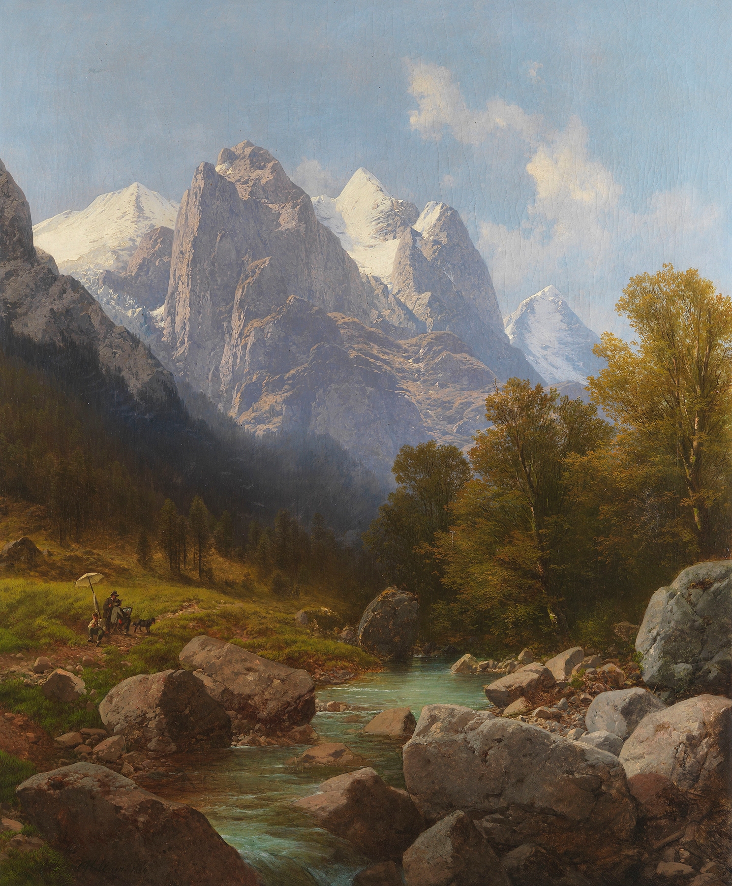 Carl Millner oil painting of an artist with an easel in a mountainous landscape