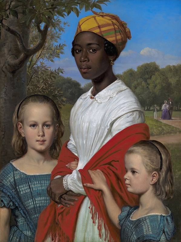 Portrait of Otto Marstrand’s daughters with their nanny in Frederiksberg Gardens.