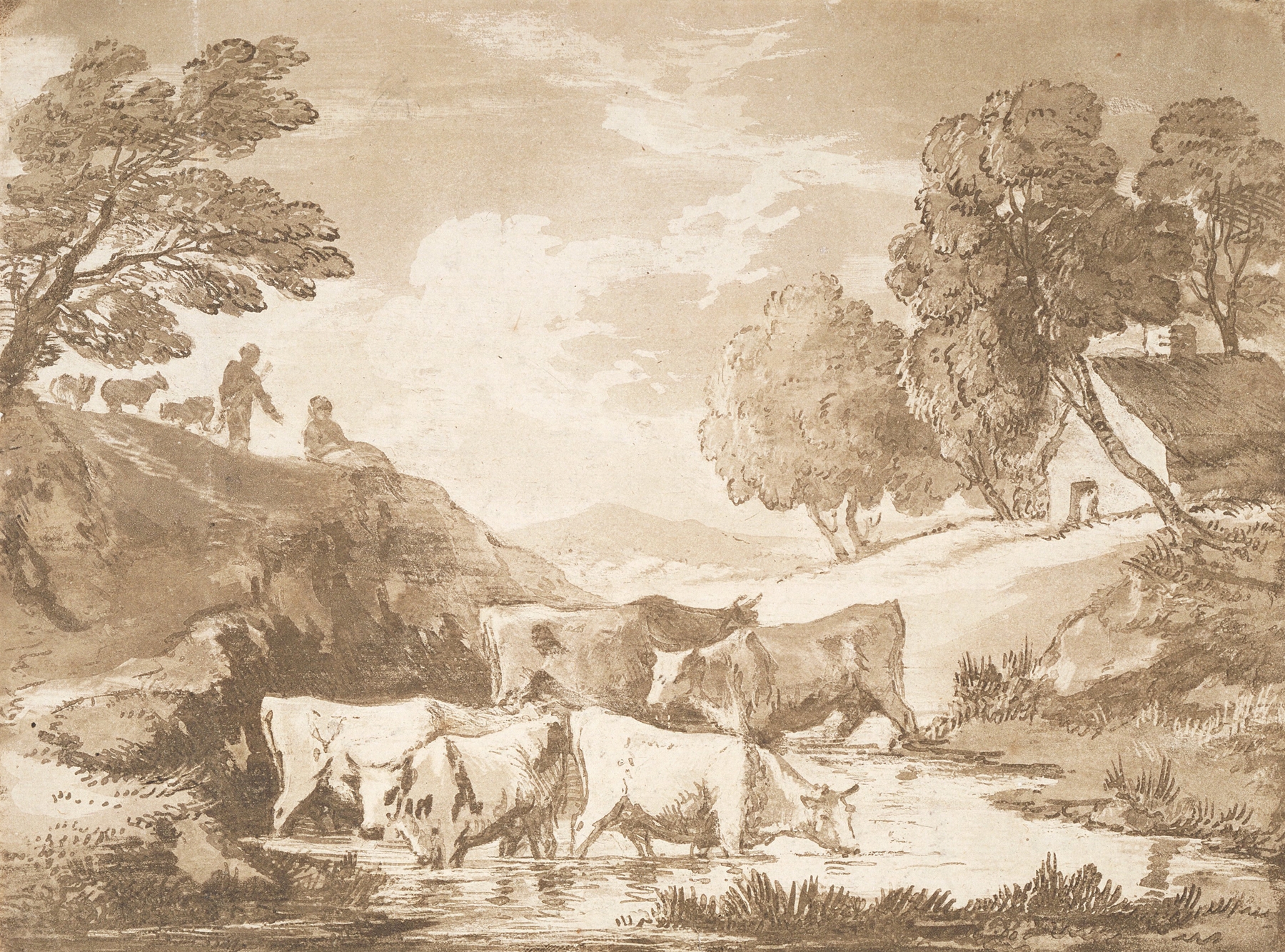 Wooded Landscape with Cows at a Watering Place, Figures and Cottage, by Thomas Gainsborough, public domain