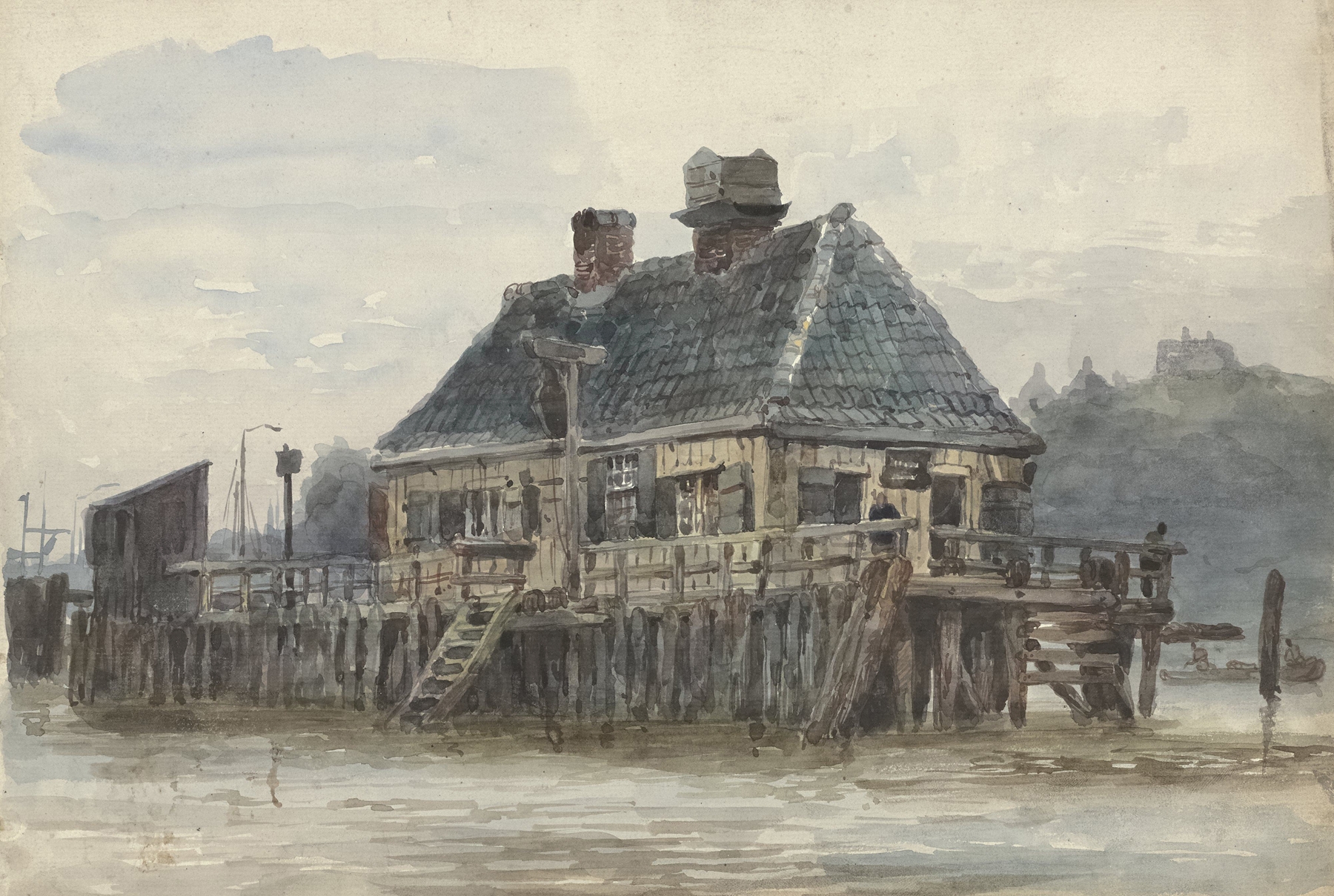 Architecture on a pier by Willem Anthonie van Deventer, oil painting