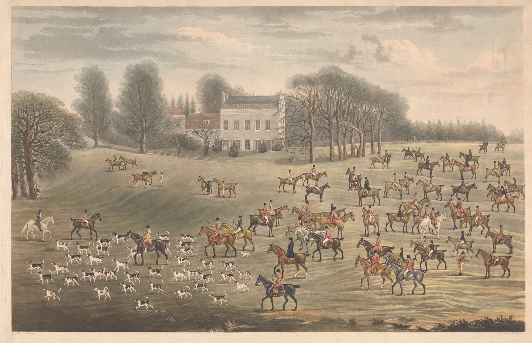 Fox hunt scene with horsemen in vibrant colors, oil painting by Thomas Smith