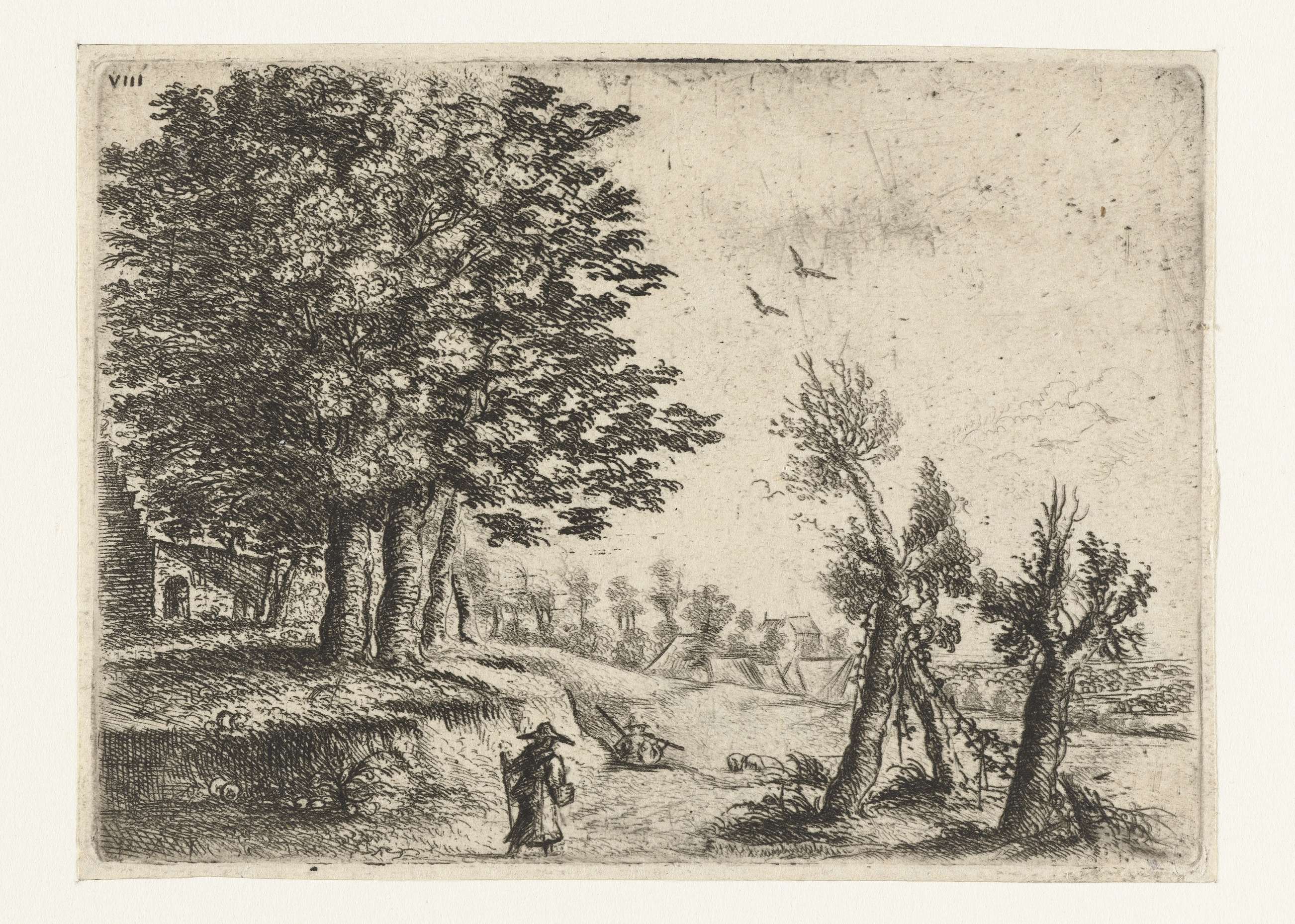 Landscape with a woman and a flute-playing shepherd, etching by Philips Augustijn Immenraet