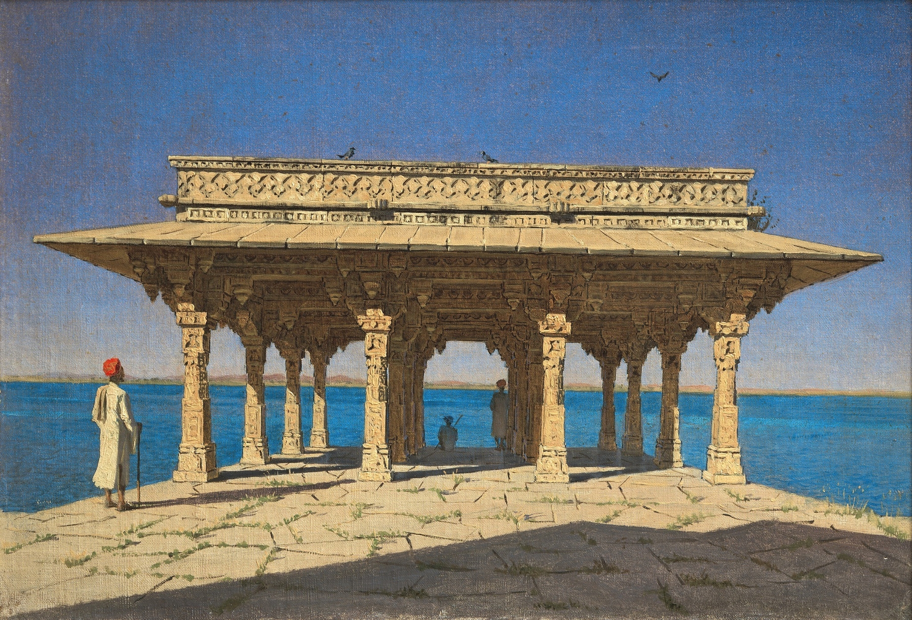 Evening on a Lake. A Pavilion on the Marble Embankment in Rajnagar (Udaipur principality), by Vasily Vereshchagin, public domain
