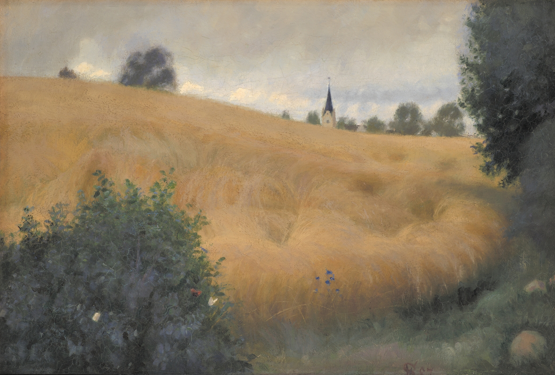 A rye field swaying in the wind, oil on canvas by Fritz Syberg