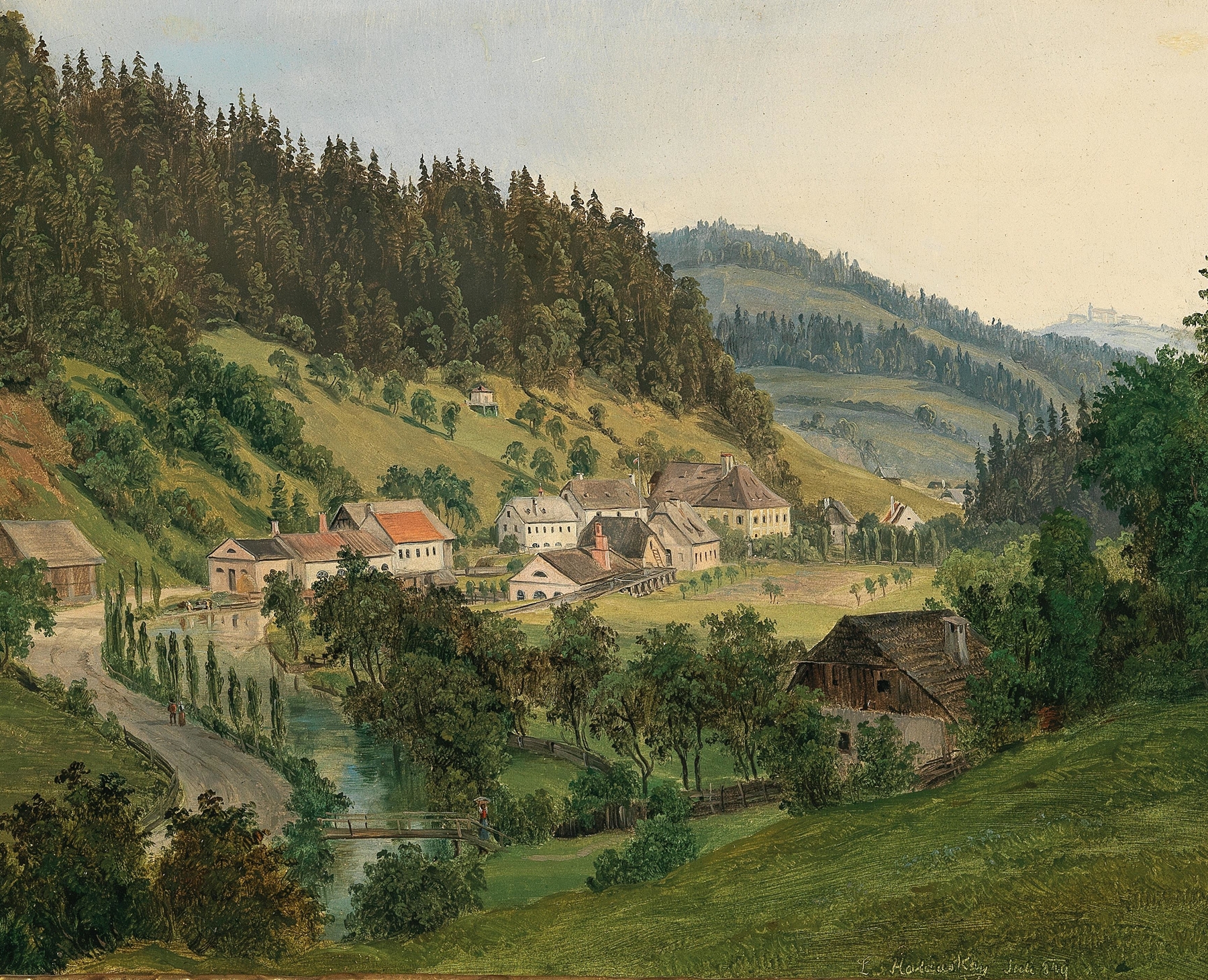 A View of Waidhofen an der Ybbs, oil painting by Ludwig Halauska, depicting a village landscape.
