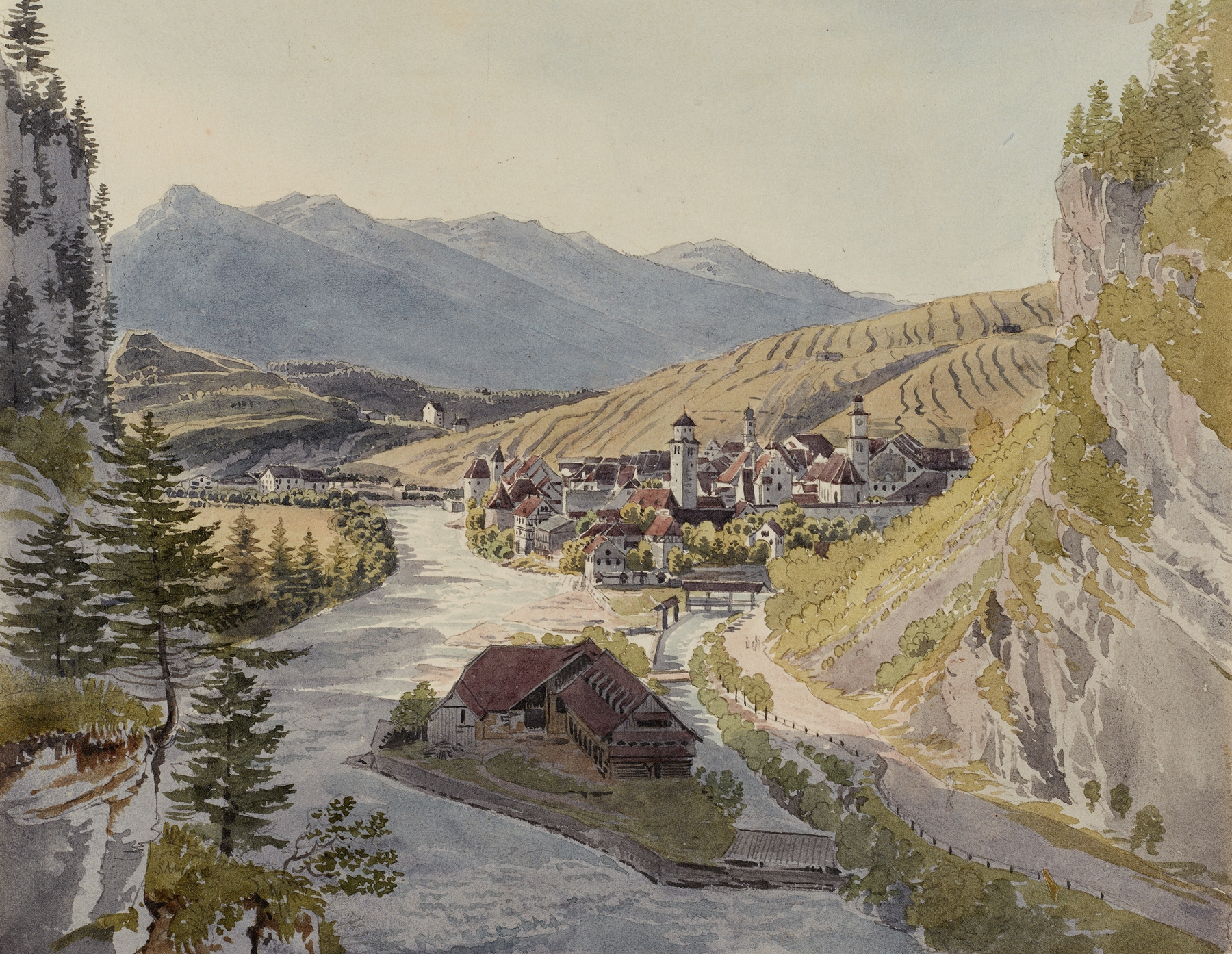 Feldkirch by Johann Jakob Meyer, oil painting depicting a serene landscape with earth tones.