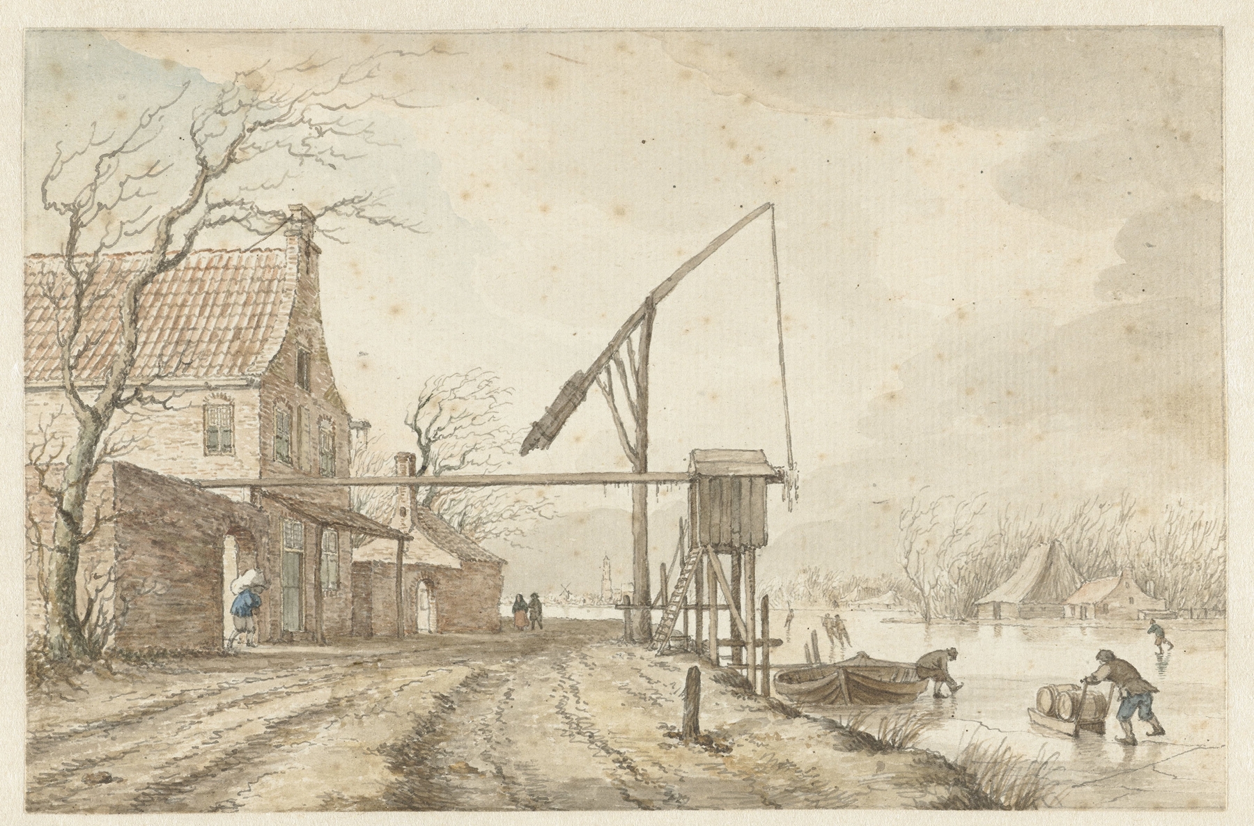 Winter landscape with houses and frozen waterway by Jacob Cats, oil painting