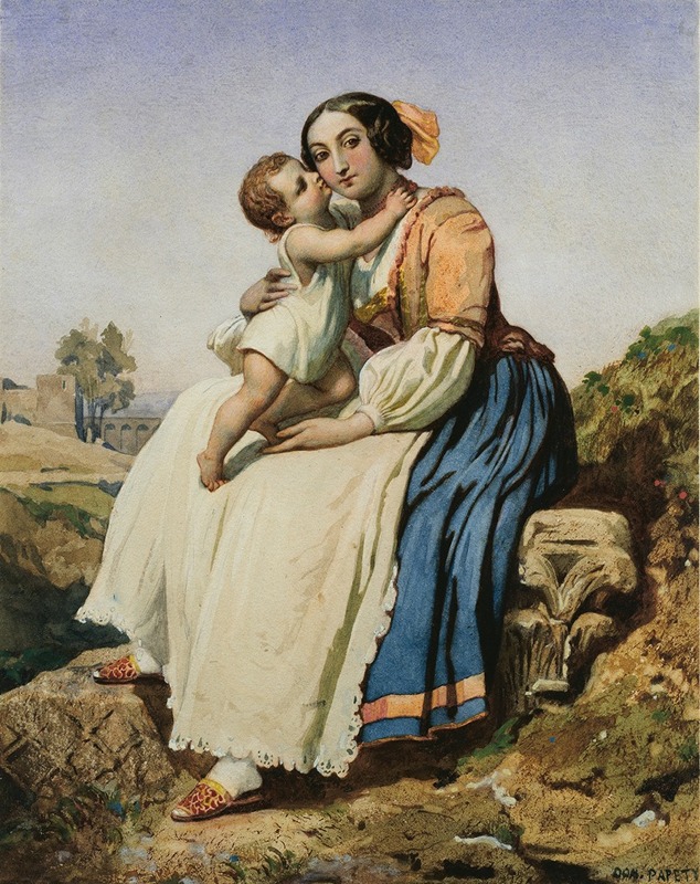 A depiction of an Italian peasant woman and child, showcasing everyday life.