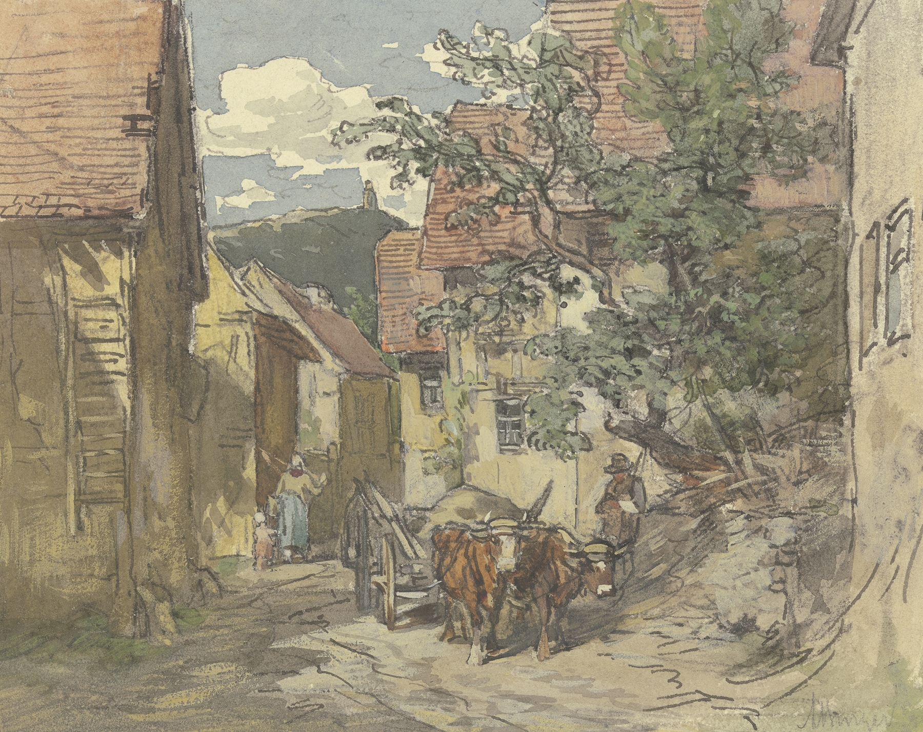 Impressionism landscape by Anton Burger depicting a street with cobblestones and soft light.