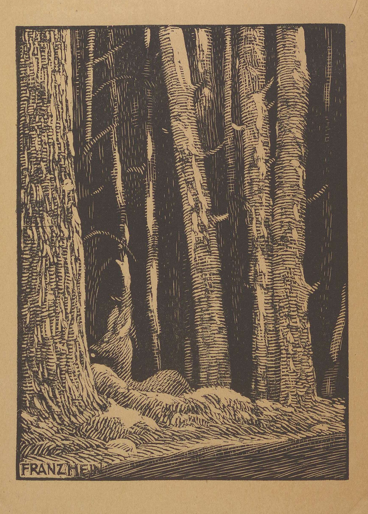 Expressionism artwork by Franz Hein depicting a deer in a camp, 1924