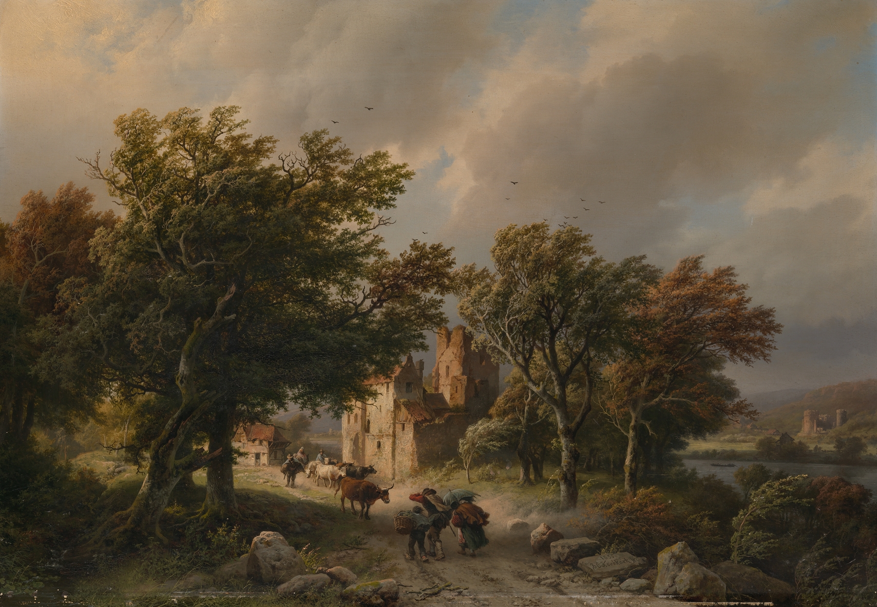 De rukwind by Barend Cornelis Koekkoek, oil painting depicting a stormy sky over a tranquil landscape.