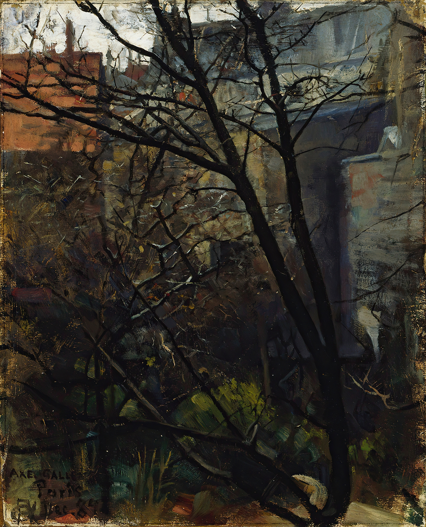 Impressionist oil painting by Akseli Gallen-Kallela depicting a vibrant Parisian backyard with lush foliage.