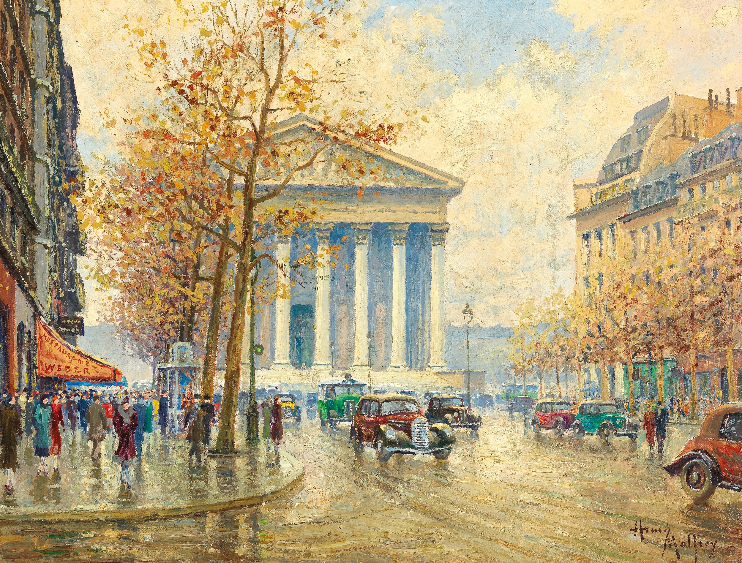 Place De La Madeleine, Paris by Henry Malfroy, oil on canvas depicting cobblestones and trees.