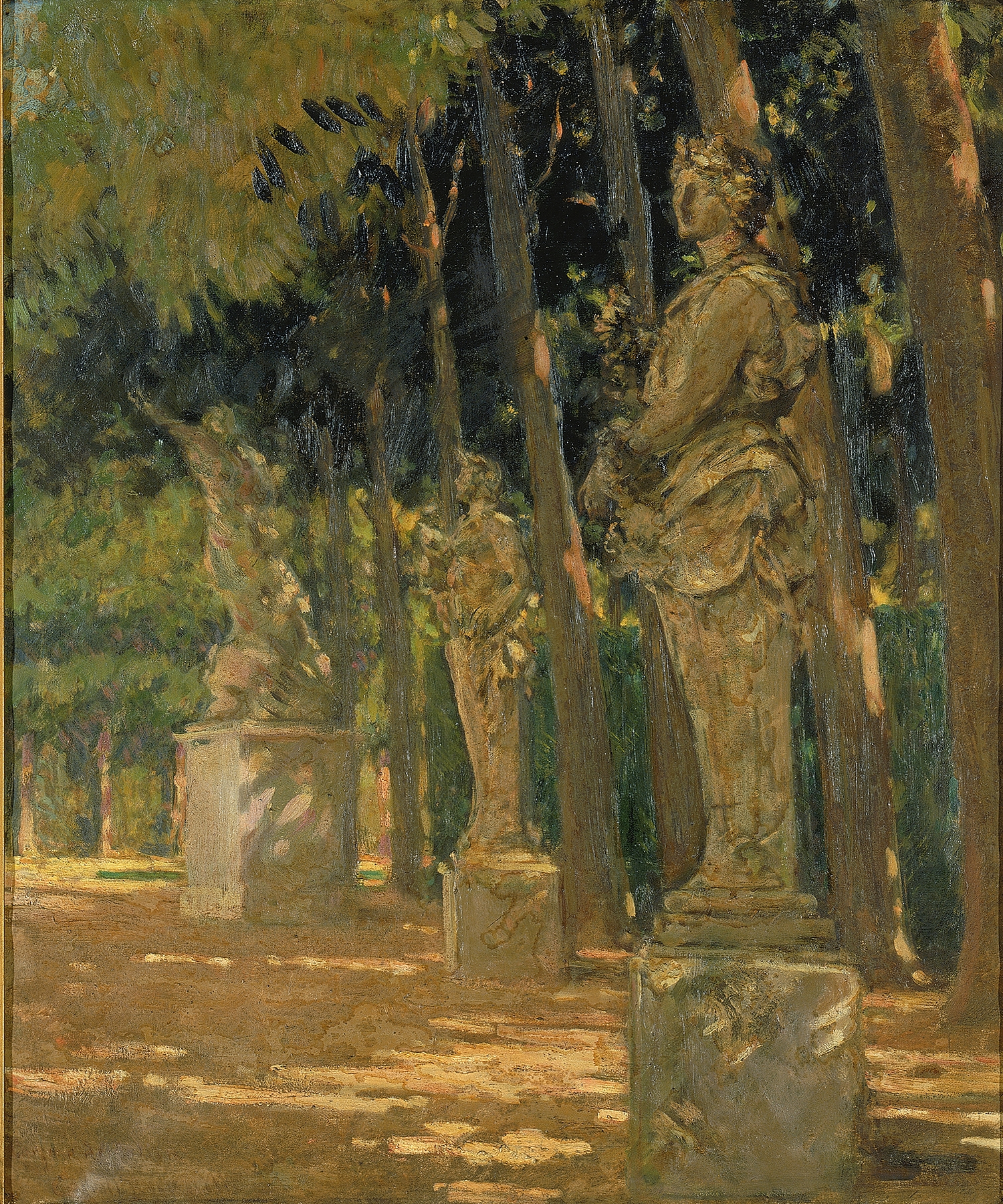Landscape with foliage and figures by James Carroll Beckwith, oil painting