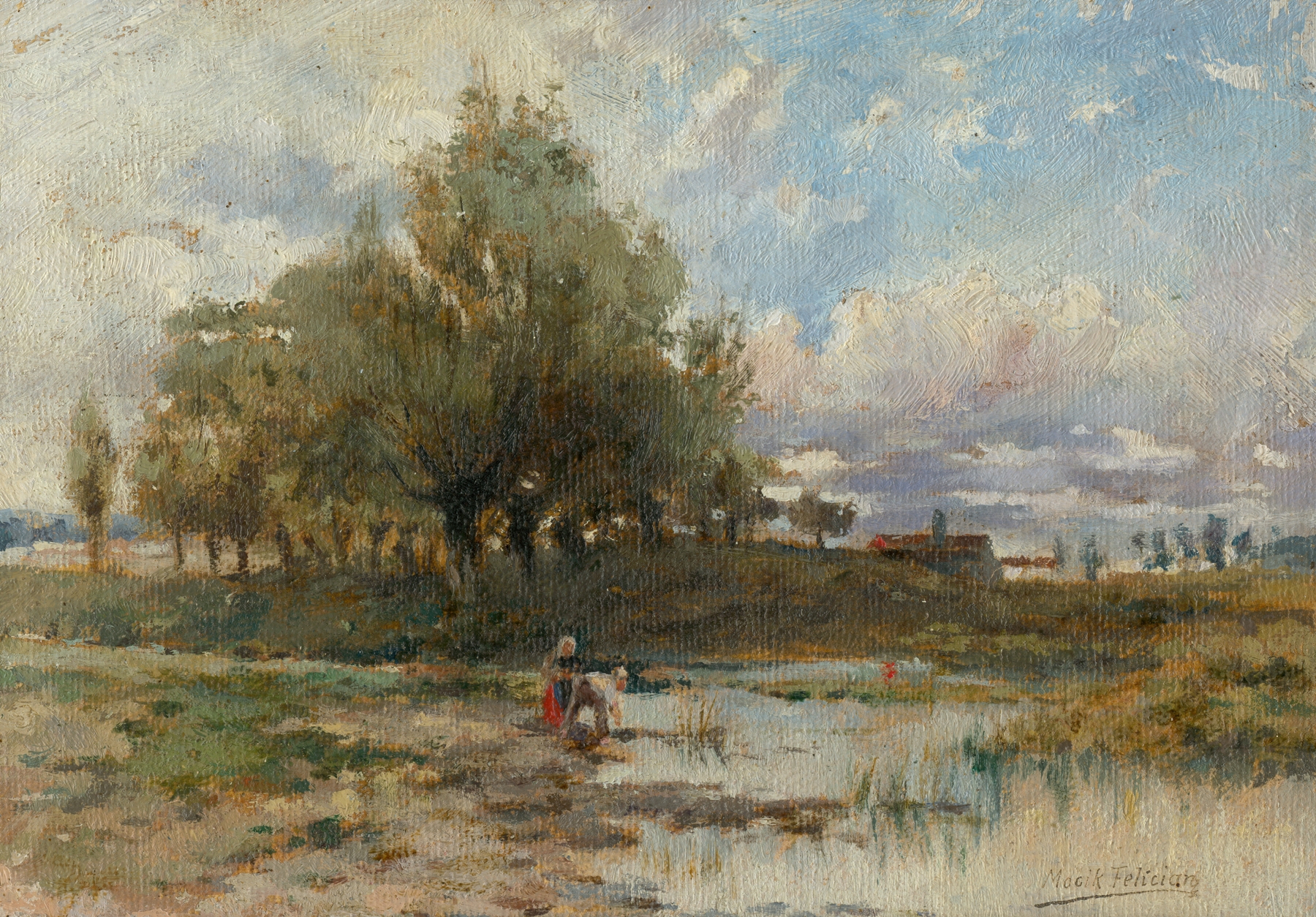 Landscape with Pond by Felicián Moczik, oil on canvas depicting a tranquil pond and sky reflections.