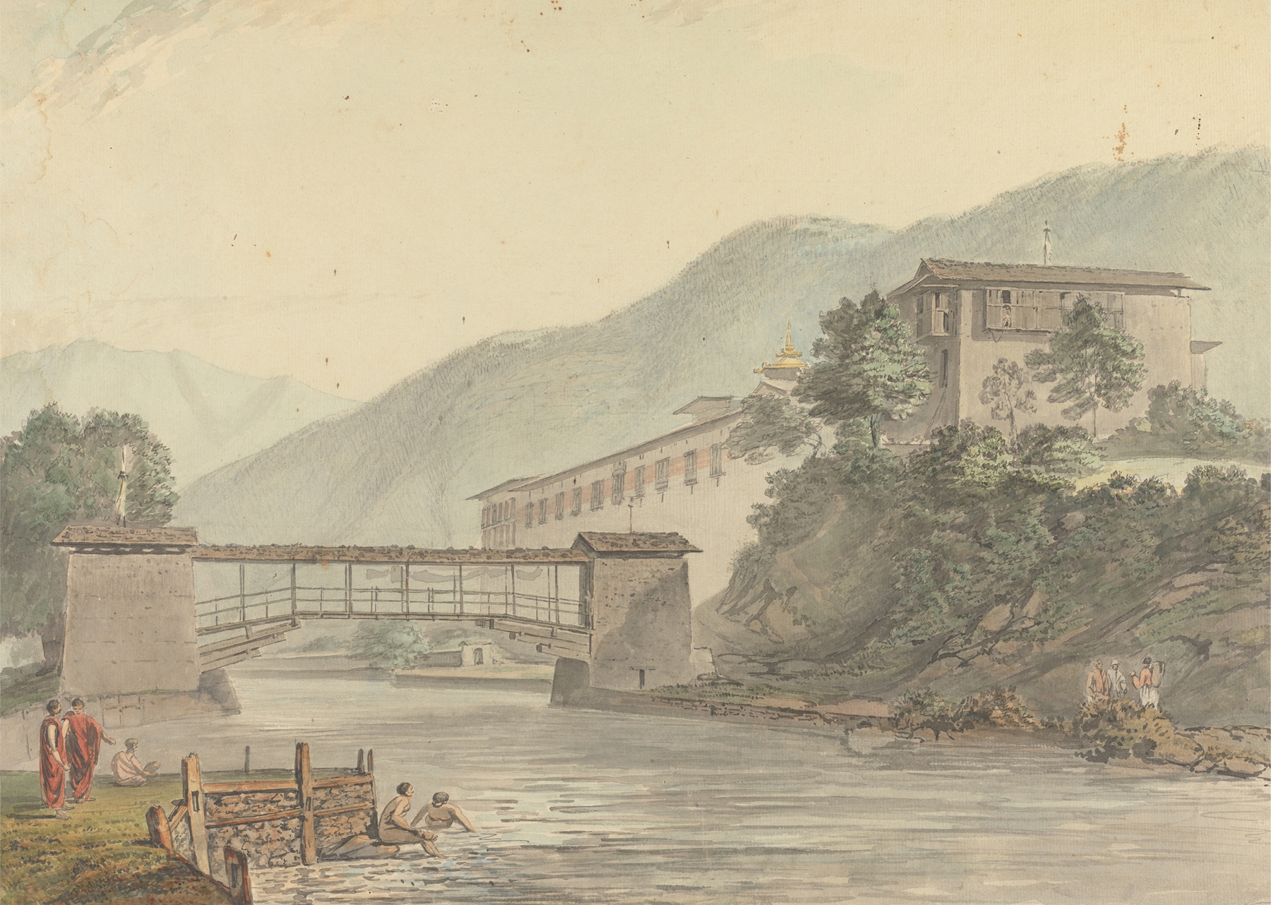 Landscape of Tashichoedzong fortress and footbridge, by Samuel Davis, oil painting