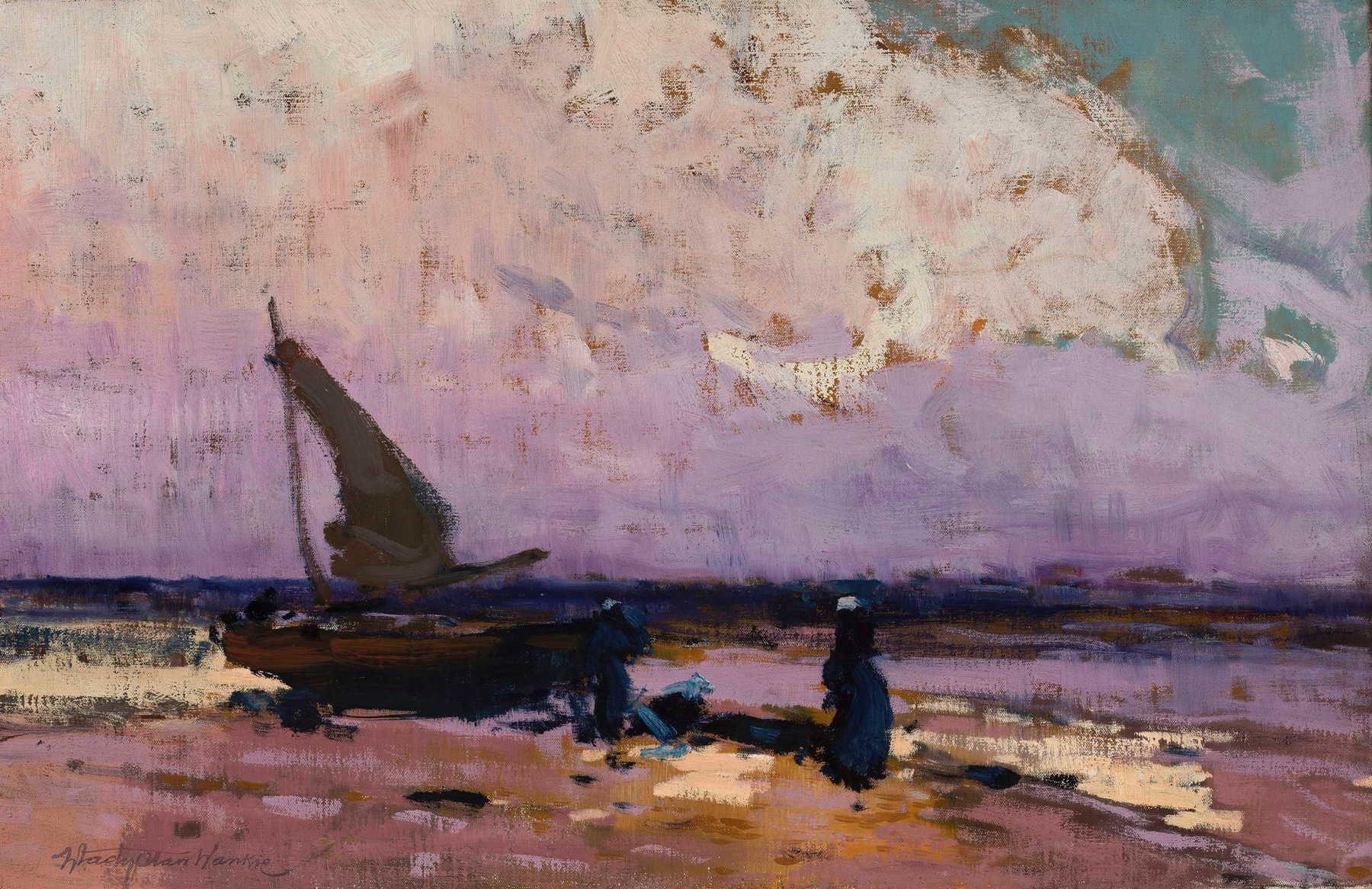 Oil on canvas by Władysław Wankie depicting a sailboat on the sea