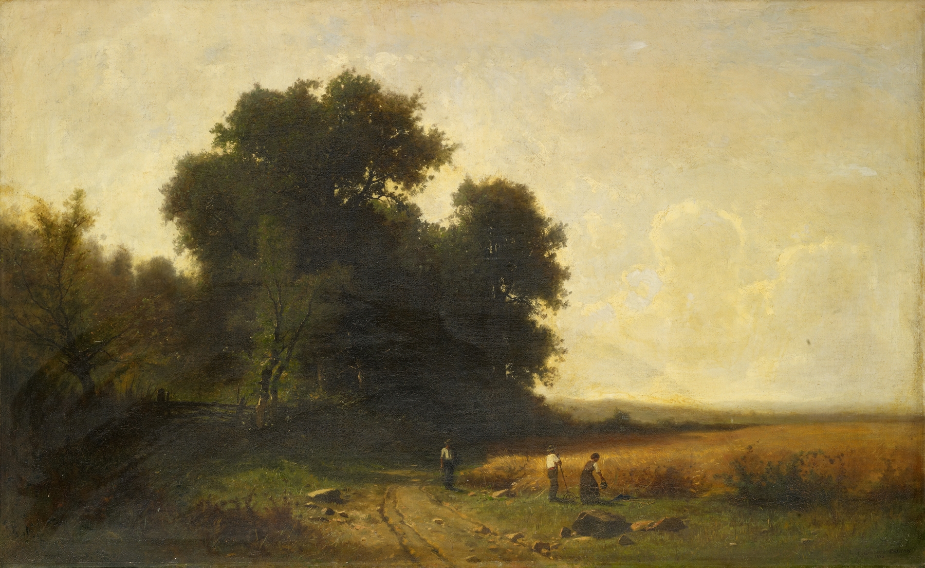 Genre scene depicting harvest with wheat and figures, oil painting by Gustave Castan