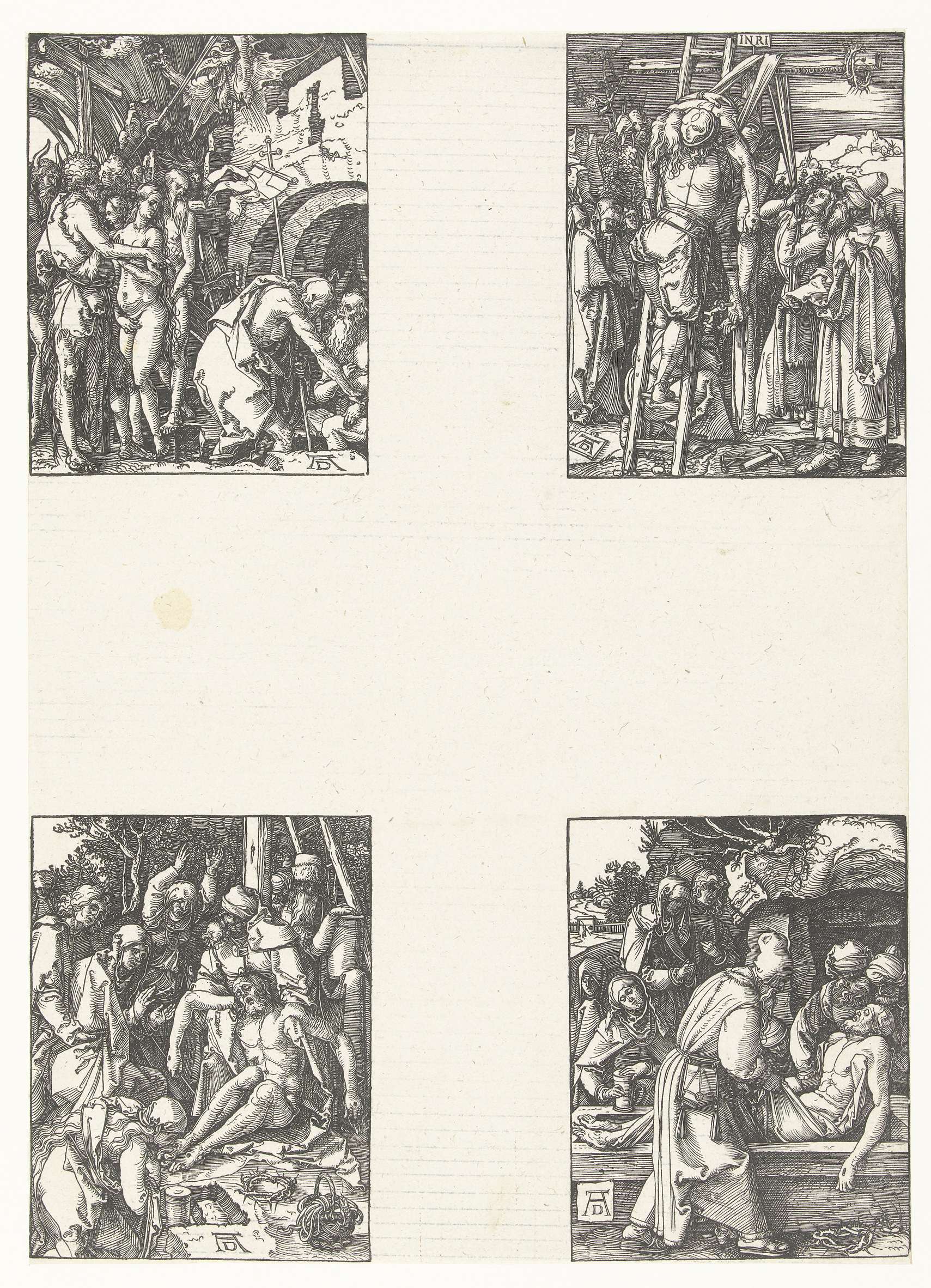 Afdaling in het voorgeborchte, Kruisafneming, Bewening, Graflegging, by Albrecht Dürer, public domain